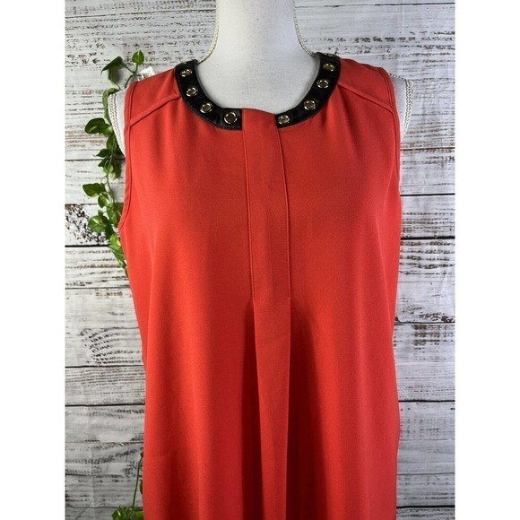 Alfani Sleeveless Blouse Tank size 6 Coral Crepe Faux Black Leather Gold Career - Picture 6 of 10